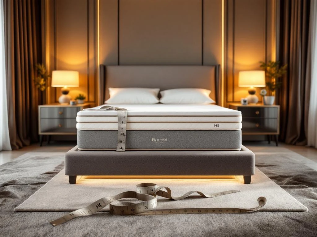 Luxe boxspring bed met matras lagen in moderne slaapkamer, matras hardheid samples H2-H4 en meetlint op voorgrond