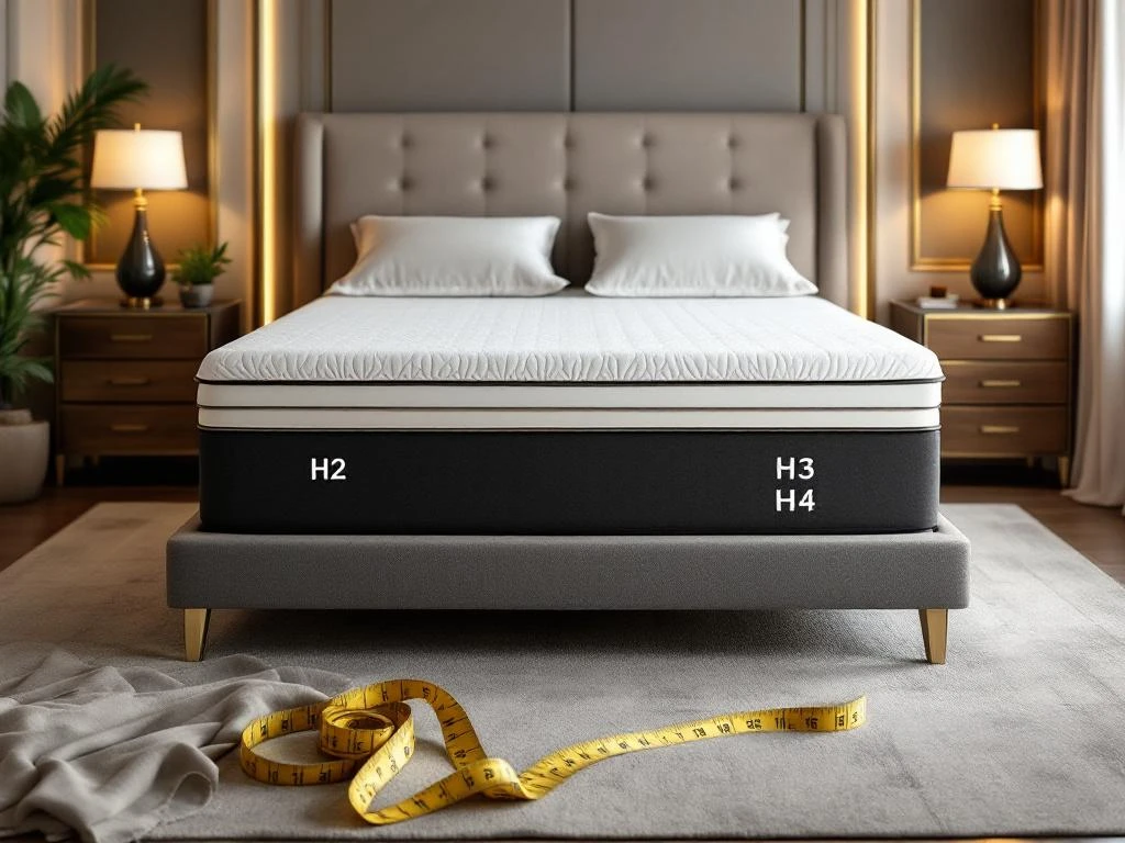 Luxe moderne slaapkamer met boxspring bed, stoffen stalen en meetlint voor maatwerk matras expertise