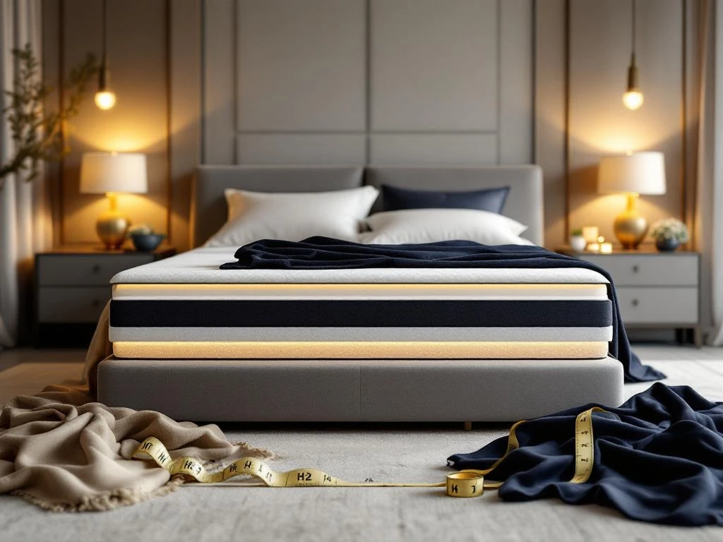 Luxe moderne slaapkamer met boxspring bed, materiaalstalen H2-H4 en meetlint op voorgrond, navy en goud kleuren