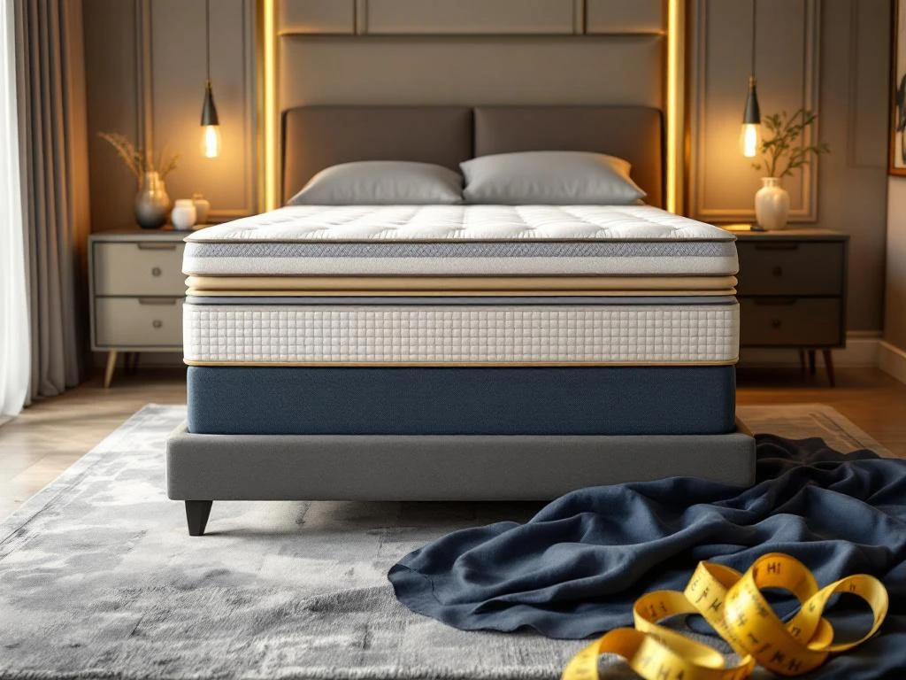 Luxe moderne slaapkamer met boxspring bed, nachtkastjes en stoffenstalen voor maatwerk meubelproductie